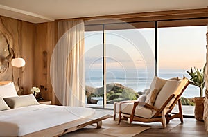 Modern bedroom overlooking ocean,image is generated with the use of AI