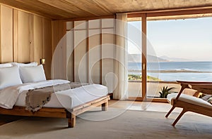 Modern bedroom overlooking ocean,image is generated with the use of AI