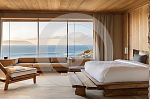 Modern bedroom overlooking ocean,image is generated with the use of AI