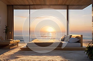 Modern bedroom overlooking ocean,image is generated with the use of AI