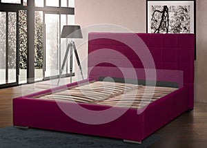 Modern bedroom with a pink color bed and lamp, 3d rendering