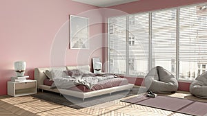 Modern bedroom in pink pastel tones, big panoramic window, double bed with carpet and pouf, herringbone parquet floor, minimal