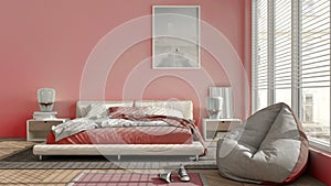 Modern bedroom in pink pastel tones, big panoramic window, double bed with carpet and pouf, herringbone parquet floor, minimal