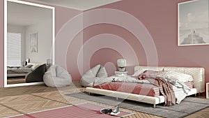 Modern bedroom in pink pastel tones, big panoramic window, double bed with carpet and pouf, herringbone parquet floor, minimal