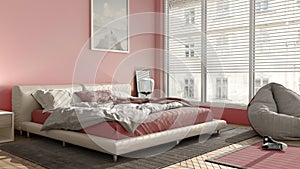 Modern bedroom in pink pastel tones, big panoramic window, double bed with carpet and pouf, herringbone parquet floor, minimal