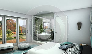 Modern bedroom with see trough glass wall to a bathroom