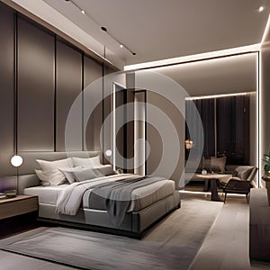 A modern bedroom with a sleek bed, minimalist decor, and soft lighting Contemporary and stylish interior design2