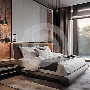 A modern bedroom with a sleek bed, minimalist decor, and soft lighting Contemporary and stylish interior design3
