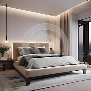 A modern bedroom with a sleek bed, minimalist decor, and soft lighting Contemporary and stylish interior design4