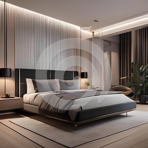 A modern bedroom with a sleek bed, minimalist decor, and soft lighting Contemporary and stylish interior design5