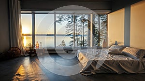 Modern Bedroom with Stunning Lakeside View at Sunrise