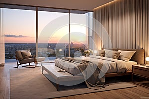 Modern bedroom at sunset luxury wide windows and view generated by AI