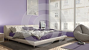 Modern bedroom in violet pastel tones, big panoramic window, double bed with carpet and pouf, herringbone parquet floor, minimal