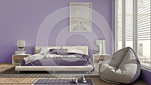 Modern bedroom in violet pastel tones, big panoramic window, double bed with carpet and pouf, herringbone parquet floor, minimal