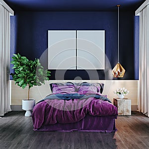 Modern bedroom in violet tone,3d render