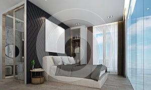 The modern bedroom and walk in closet room interior design and black wall background and sea view