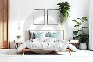 Modern bedroom with wooden bed and pastell blue cushion. Generative ai
