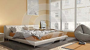 Modern bedroom in yellow pastel tones, big panoramic window, double bed with carpet and pouf, herringbone parquet floor, minimal