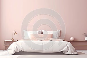 Modern bedrroom with monochrome pastel blush pink empty wall. Contemporary interior design with trendy wall color, bed and pillows