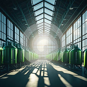 Modern Beer Or Wiskey Brewery Factory, Large Metal Hangar Interior, Windows With Sun Rays, Dust, Generative AI