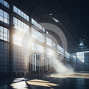 Modern Beer Or Wiskey Brewery Factory, Large Metal Hangar Interior, Windows With Sun Rays, Dust, Generative AI