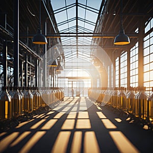 Modern Beer Or Wiskey Brewery Factory, Large Metal Hangar Interior, Windows With Sun Rays, Dust, Generative AI