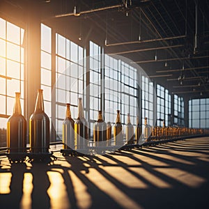 Modern Beer Or Wiskey Brewery Factory, Large Metal Hangar Interior, Windows With Sun Rays, Dust, Generative AI