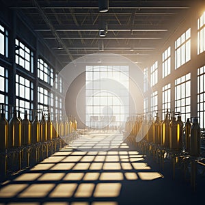 Modern Beer Or Wiskey Brewery Factory, Large Metal Hangar Interior, Windows With Sun Rays, Dust, Generative AI