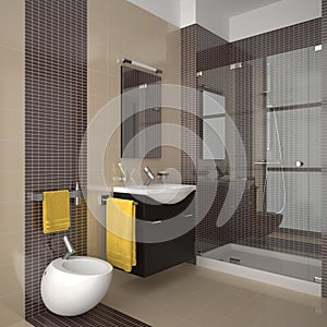 Modern beige bathroom with wood furniture