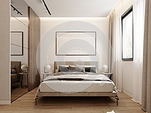 Modern beige bedroom interior with empty white picture frame