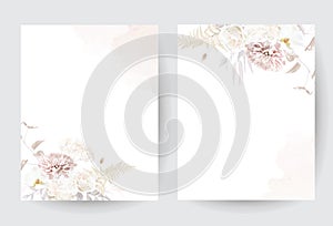 Modern beige and blush trendy vector design frames. Pastel pampas grass, fern, white peony, pale dahlia, ranunculus