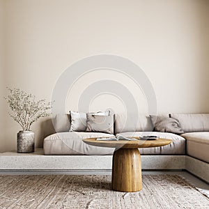 Modern beige living room interior design with empty wall background