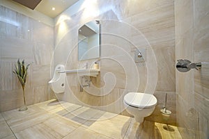 Modern beige room with toilet, sink, mirror and bidet