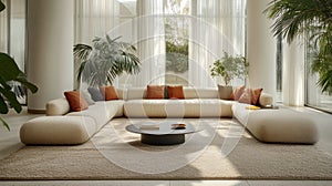 Modern U-Shaped Cream Sofa with Plants, Natural Light, and Coffee Table in Living Room