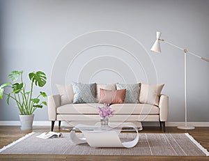 Modern beige sofa living room, floor lamp