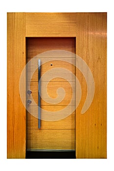 Modern beige wooden looking steel door, front door, isolated on white background