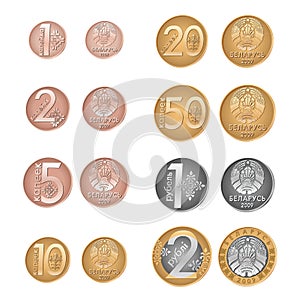Modern Belarusissian coins. Vector reverse and obverse. Belarussian money. Kopeyka and rouble.