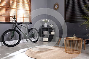 Modern bicycle and comfortable sofa in living room interior