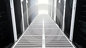Modern big data server room corridor hallway with high racks full of network servers and storage blades and sun light at the end
