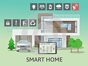 Modern Big Smart Home. Flat design style concept, technology system with centralized control. Vector illustration