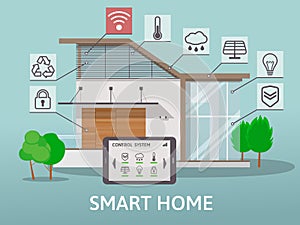 Modern Big Smart Home with terrace. Flat design style concept, centralized control system. Vector illustration