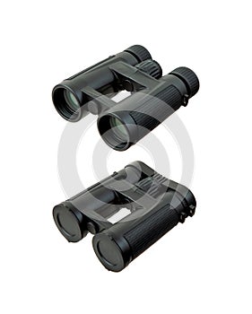 Modern binoculars. An optical instrument for observation at long distances. Isolate on a white back