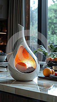 Modern bioethanol fireplace with fruit on kitchen counter,. Generated AI photo