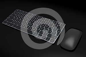 Modern black aluminum computer keyboard and mouse isolated on black background.