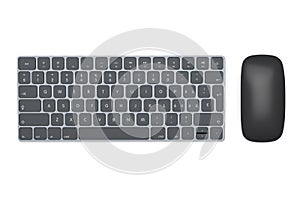 Modern black aluminum computer keyboard and mouse isolated on white background.