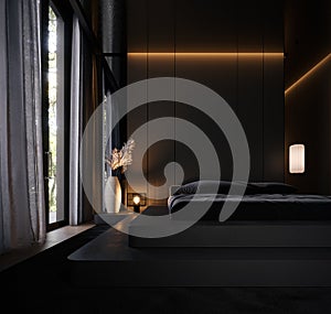 Modern black bedroom interior design.