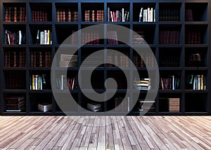 Modern black bookshelf with wooden parquet 3D rendering