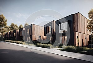 Modern black and brown house with a lot of windows and balconies.