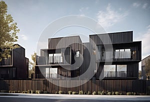 Modern black and brown house with a lot of windows and balconies.