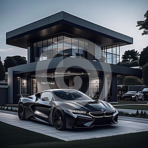 Modern black car parked in front of a contemporary style home at dusk